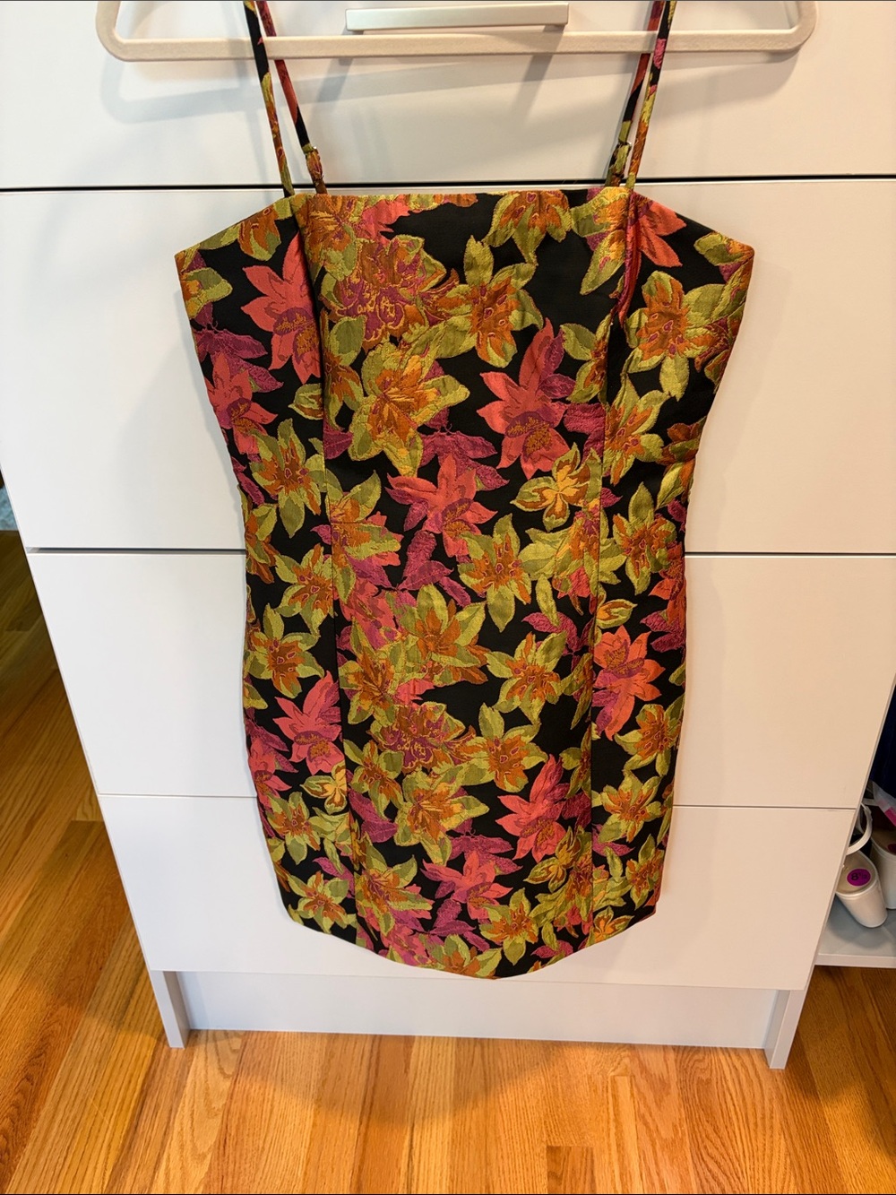 Greylin Black Floral Jacquard Mini Dress with Pink & Green Accents